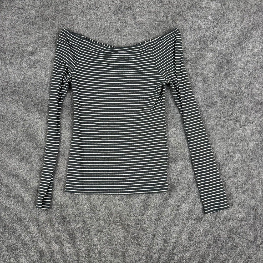 Lucky Brand Top Womens Size M Black White Striped Ribbed Off Shoulder Cross Back
